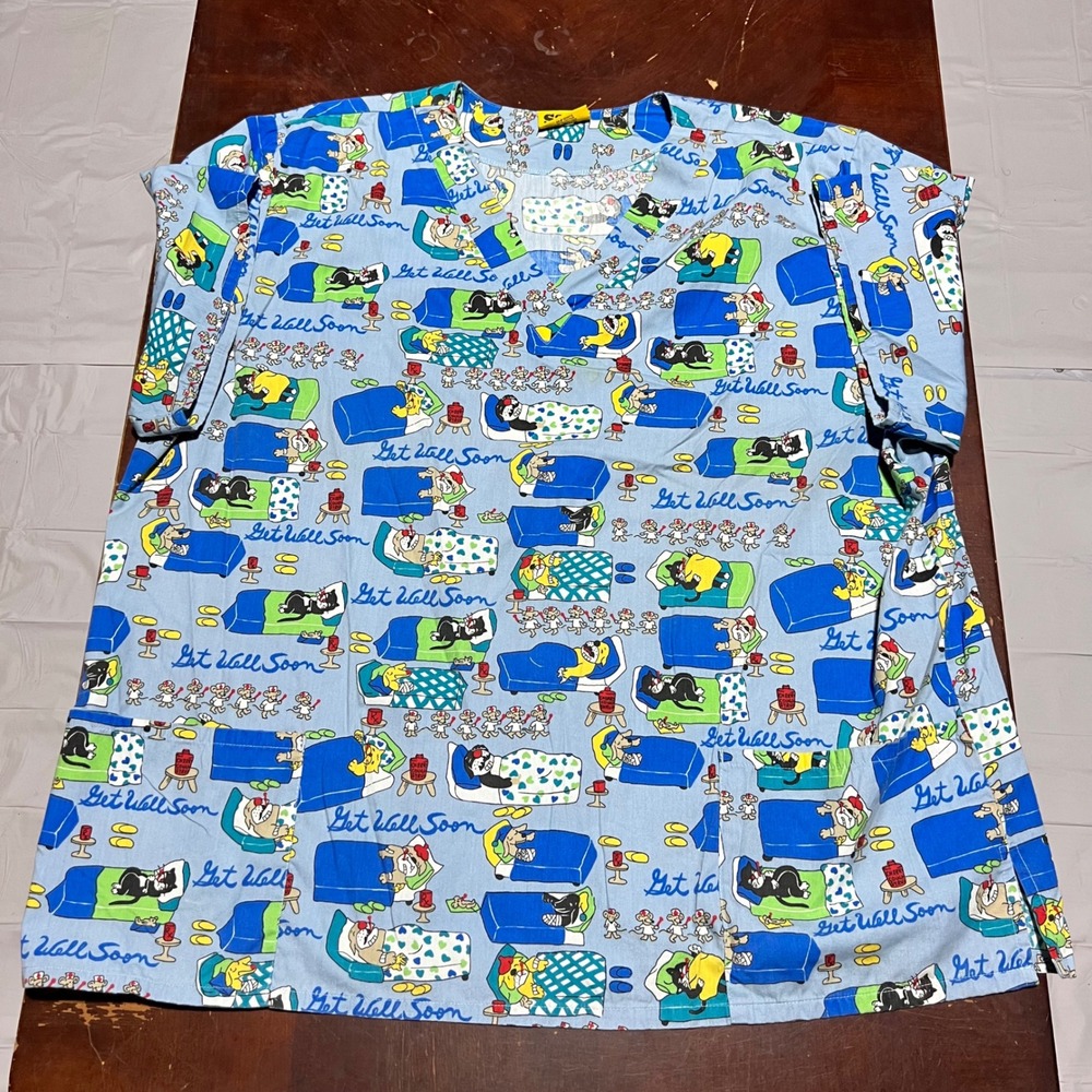 Scrubs Station Get Well Soon Cartoon Cats Dogs Mice Scrub Top Blue 3XL Plus Size